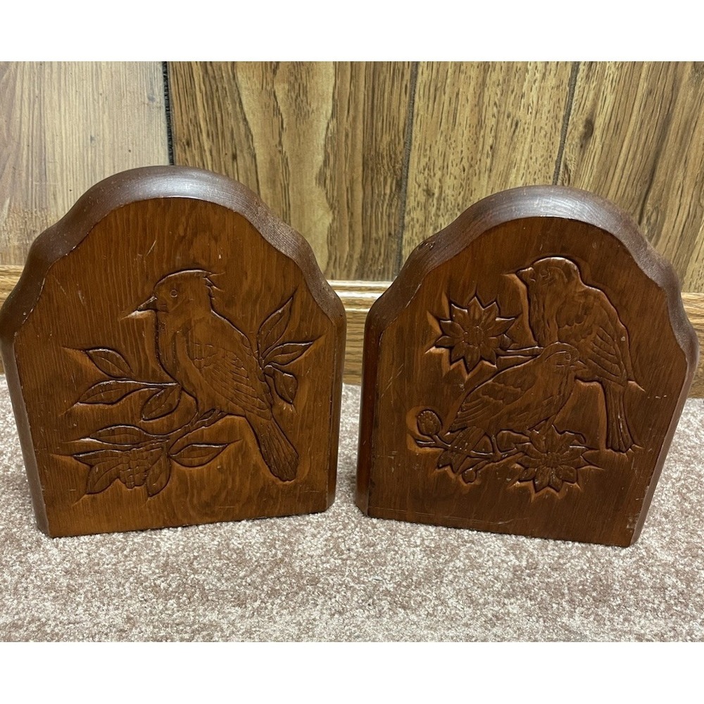 Wood Carved Birds Cardinal Book Ends Metal Base Vintage MCM‎ 70-80s